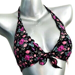 Nwt Victorias Secret Ruffle Bikini Swim Halter Top 32C Black Floral